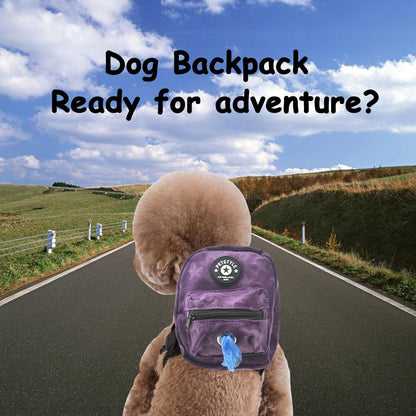 Dog Backpack Harness with Leash, Dog Poop Bag Dispenser, Pet Self Carrier Adjustable Travel Hiking Walking Harness Backpack for Small Medium Dogs (L(Fit:10-15Lb), Purple)