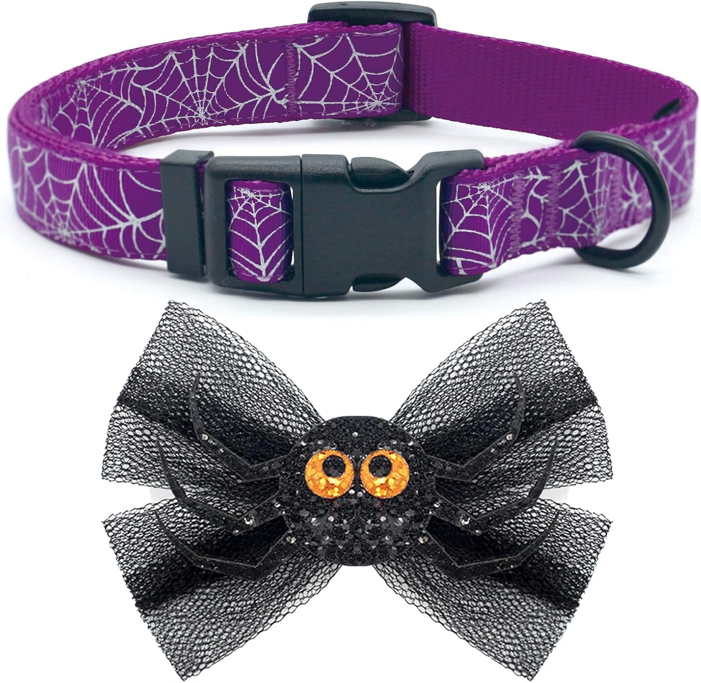 Halloween Dog Collars with Bow Cute Sequined Spider Purple Dog Collar with Lace Bow Tie Gifts on Halloween for Large Dogs
