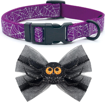 Halloween Dog Collars with Bow Cute Sequined Spider Purple Dog Collar with Lace Bow Tie Gifts on Halloween for Large Dogs