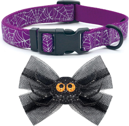 Halloween Dog Collars with Bow Cute Sequined Spider Purple Dog Collar with Lace Bow Tie Gifts on Halloween for Large Dogs