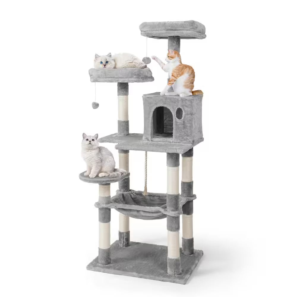 58 In. Light Grey Cat Tower for Indoor Cats, Multi-Level Cat Activity Tree with Scratching Posts, Basket, Cave Condo